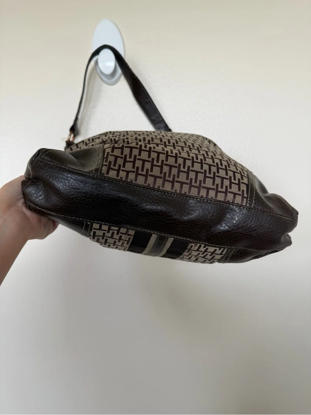 TOMMY HILFIGER Brown Logo Printed Hobo Shoulder Bag with Gold Accent Badge
